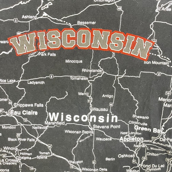 Vintage 90s American Crown Wisconsin All Over Print Map T Shirt Men Medium Black - Picture 2 of 9